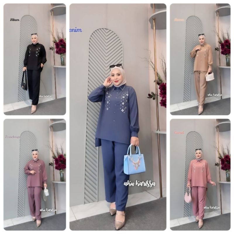 Zalica one set yora strech aplikasi payet sulam/setelan celana model baru/setelan muslimah ori AKU K