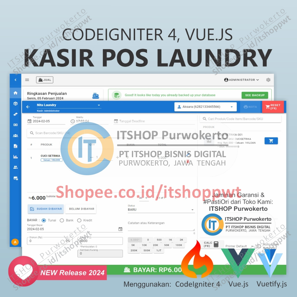 Source Code Aplikasi Web Kasir Toko AksaPOS edisi Laundry Codeigniter 4 MySQL Vue.js
