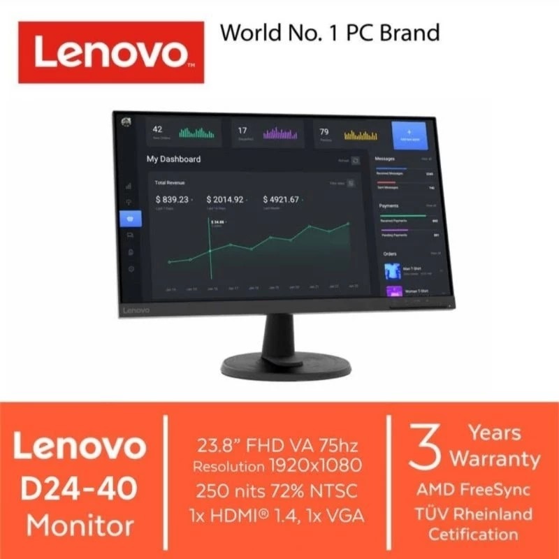 MONITOR LED LENOVO D24-40 24" Inch Garansi nasional