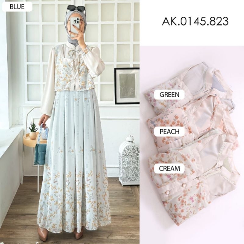 Korean Dress Ceruty Cantik Vintage motif bunga elegan gamis cantik vintage lipit motif bunga rompi p