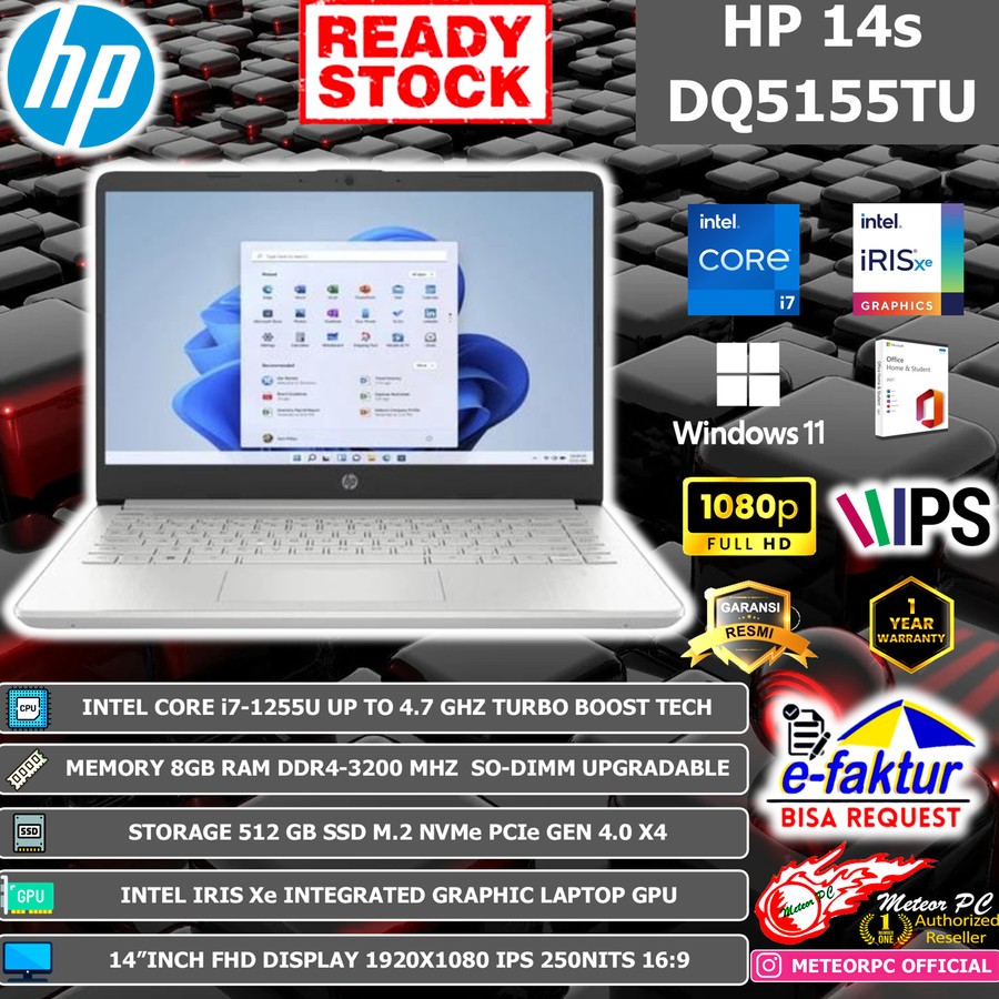 Laptop HP 14s-DQ5155TU i7-1255U SSD 512GB Iris XE 14" FHD IPS W11 OHS