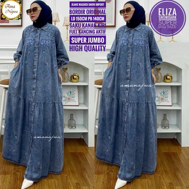 eliza dress bordir Super jumbo jeans washed import/gamis jeans wanita terbaru super jumbo xxxxl ld 1