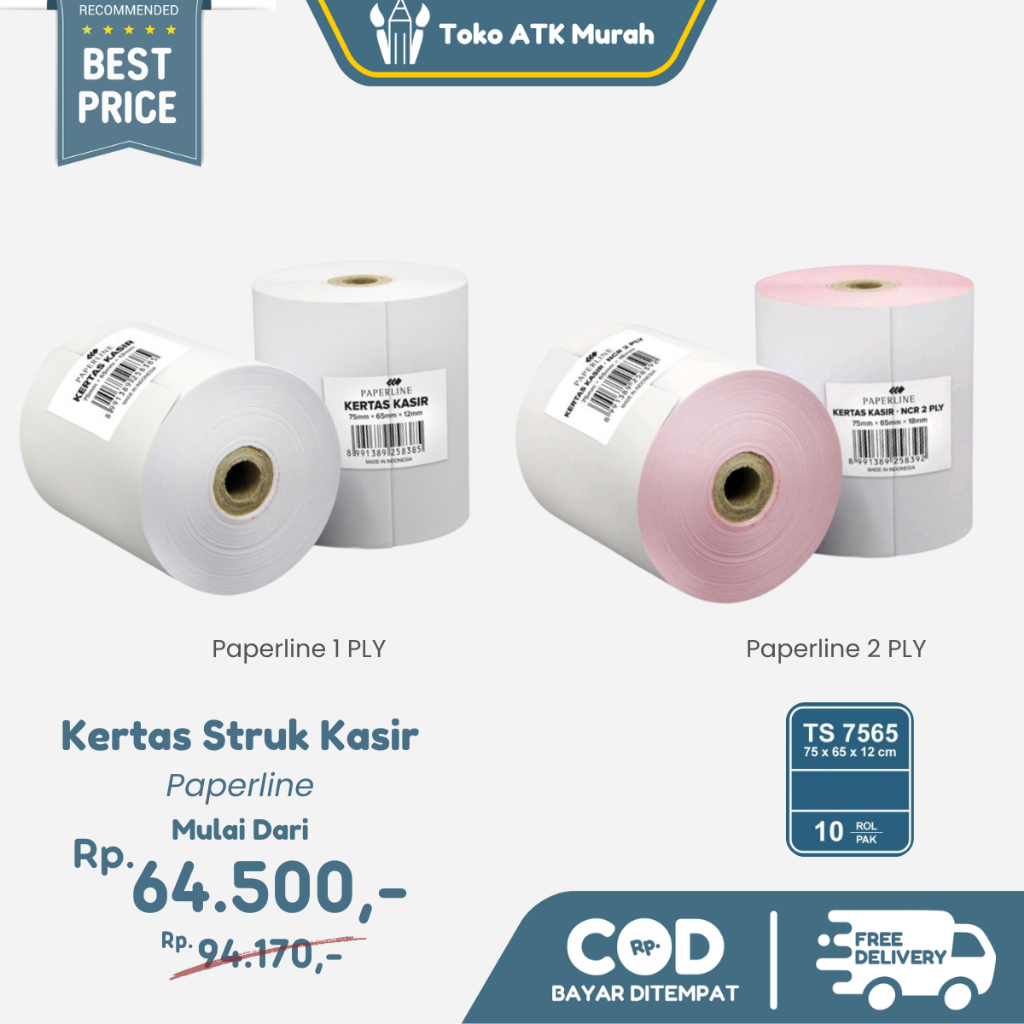 

Kertas Struk Kasir / Telstruk Paperline 75x65 mm 1 ply / 75x65 mm 2 ply NCR