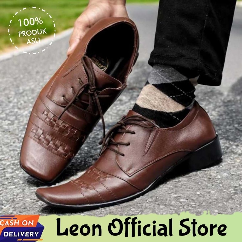 LEON X SAMAX Sepatu Pantofel Hitam Coklat Original Pria Sepatu Low Tali Ujung Lancip Cowo Kulit Asli