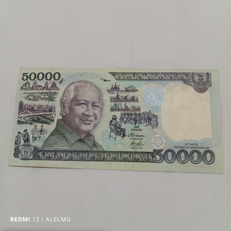 uang kertas kuno 50000 rupiah suharto tahun 1995 bekas bagus asli utuh