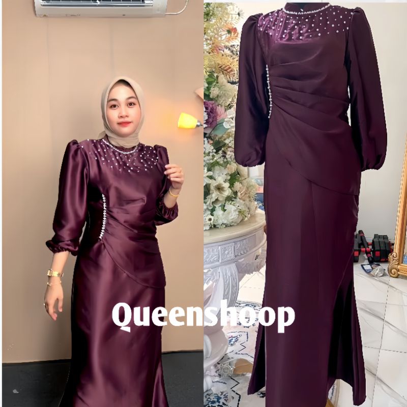 Queenshoop Gamis Satin Merah Vina Dress Spesial Burgundy | Dress Kondangan Lamaran Viral Termurah Si