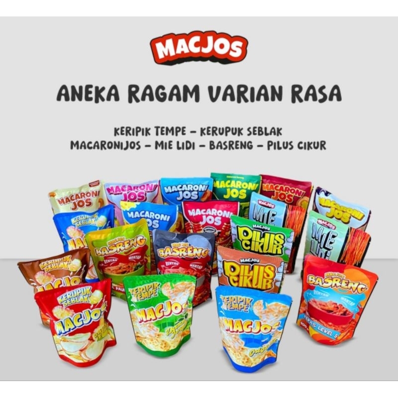 

Macjos Paket Hemat isi 4 bungkus camilan viral terenak. Varian Mix