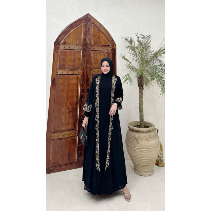 Humaira Abaya Outer Bordir Gamis Muslim / Gamis Hitam dengan Hiasan Bordir / Gamis Umroh Haji Lebara