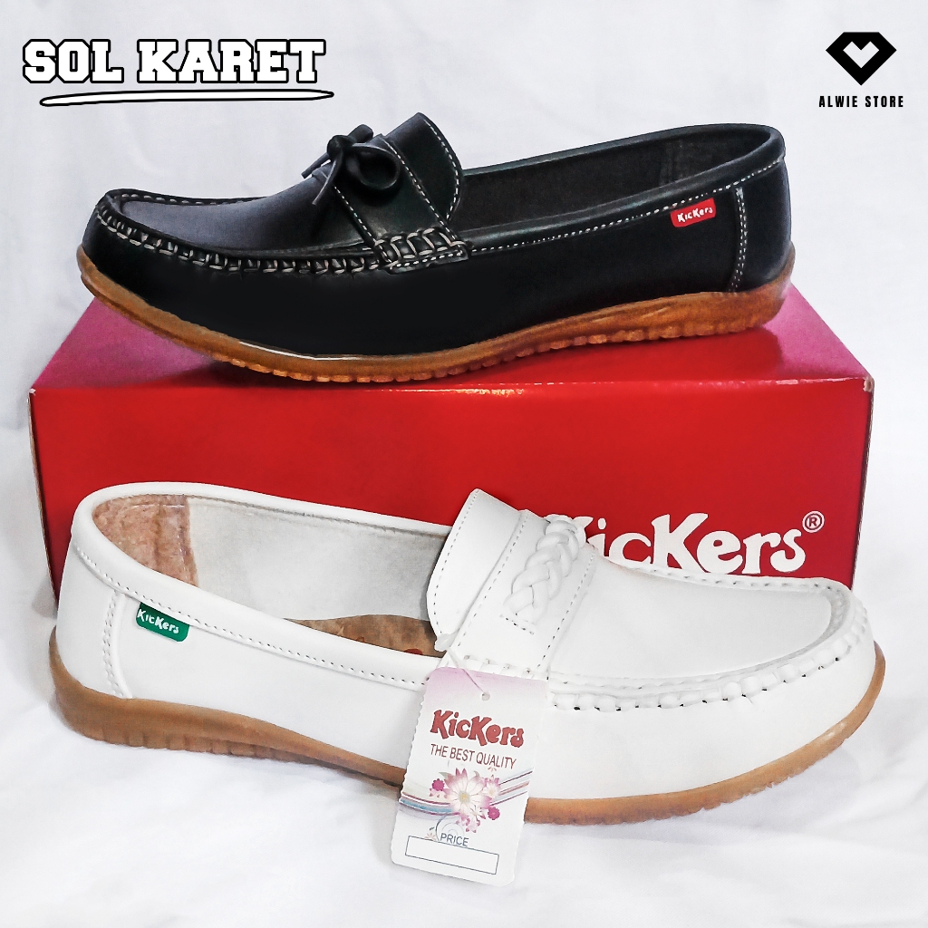 (COD) Sepatu Pantofel Flat Wanita Slip-On ( SOL KARET ) | KR204 | KICKERS | Putih, Hitam