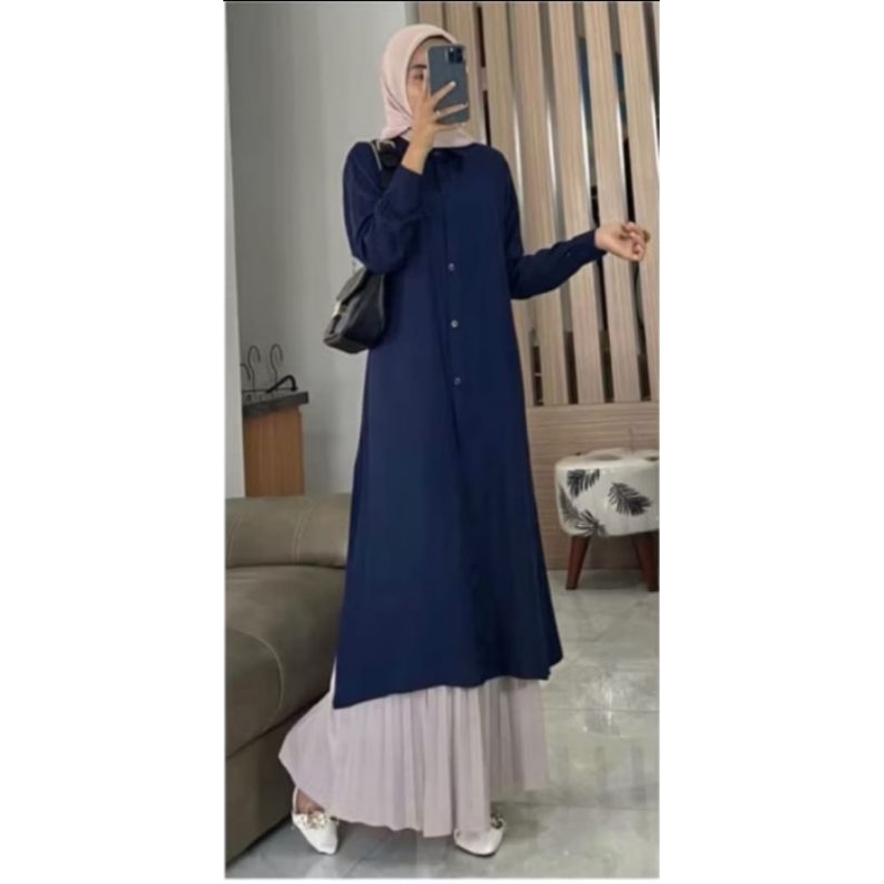 Gamis tunik Biru Lengan Panjang allsize standard ld 110 allsize jumbo ld 120 terbaru