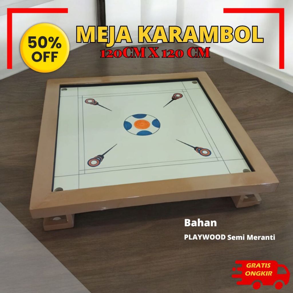 Meja Papan Karambol Kayu Besar 120x120 Premium 1 Set Lengkap Warna Cream List coklat - PL120.2