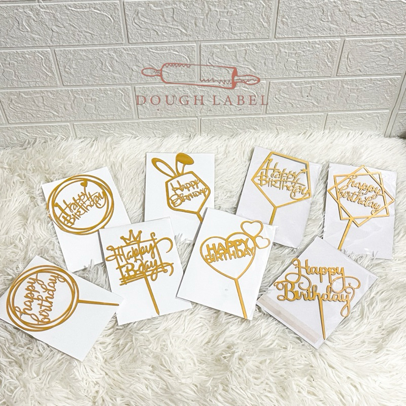 [DOUGHLABEL] TOPPER KUE ACRILIC GOLD TULISAN HAPPY BIRTHDAY isi 1 buah barang / Tusukan HAPPY BIRTHD