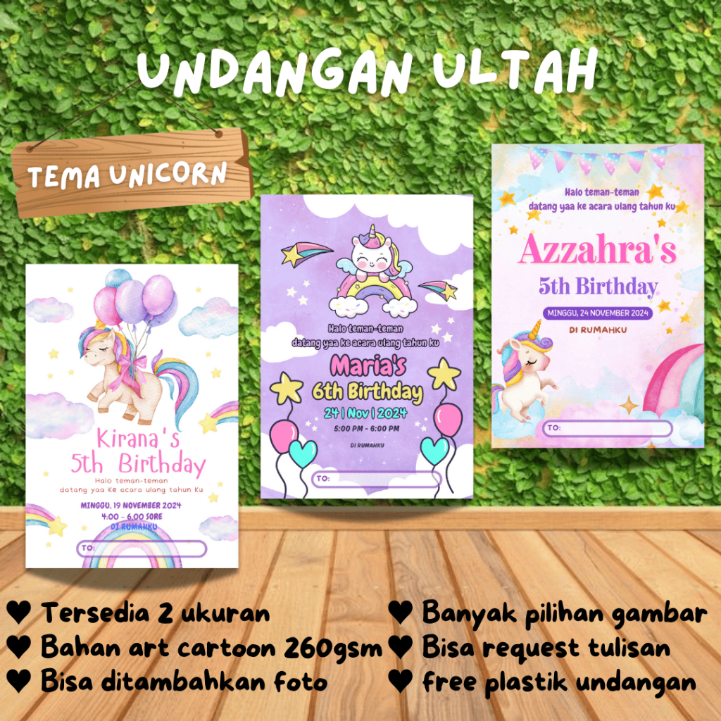 Undangan Ulang Tahun Unicorn Custom - Birthday Invitation - Undangan Ultah Anak - Undangan Ulang Tah