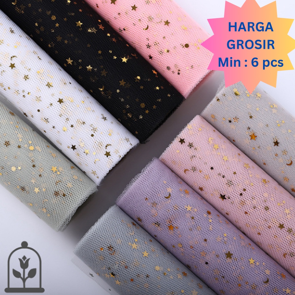

Pusat Grosir 1ROLL 48 cm x 45 cm Kertas Buket Motif JARING Glitter Bintang Star Bulan Moon
