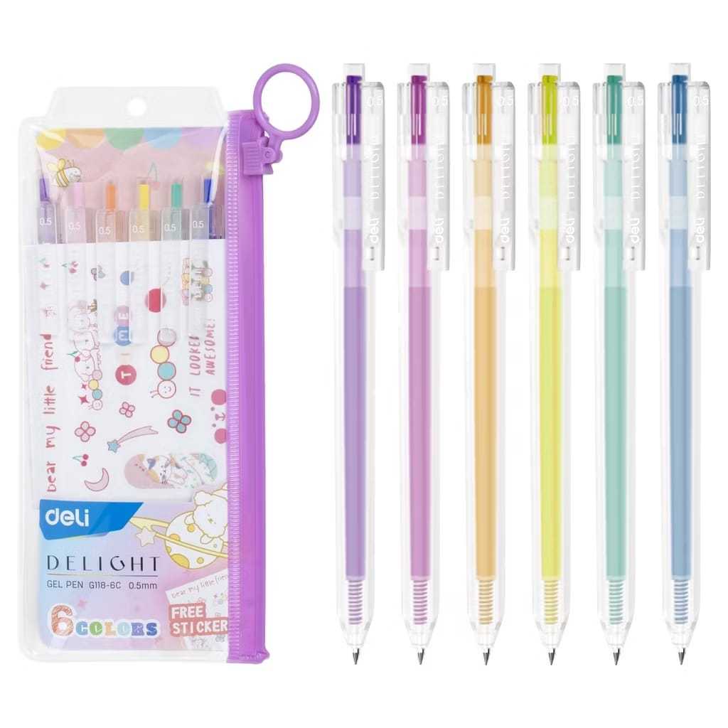 

DELI - EG118-6C Gel Pen School / Pulpen Gel 0.5 mm 6 Warna Retracable Gratis Sticker Lucu