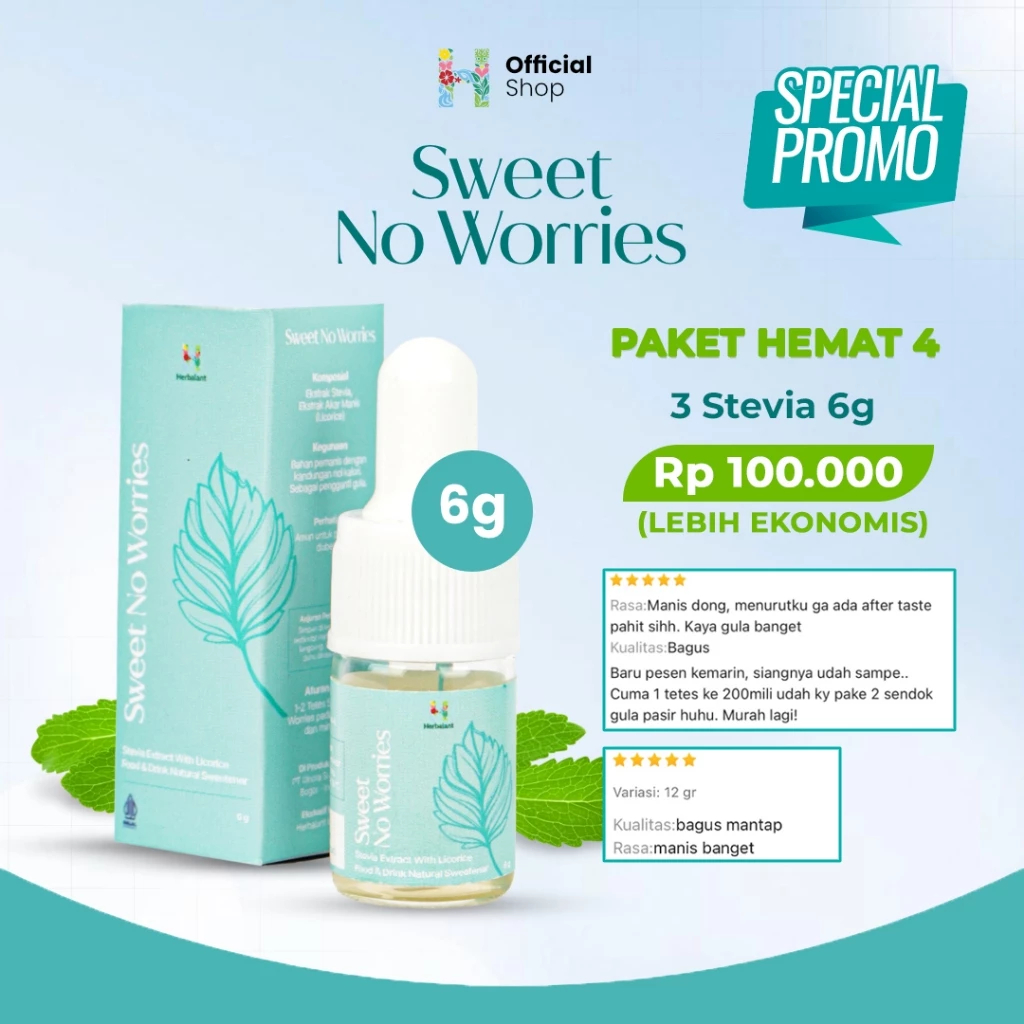 

Paket Hemat Stevia Liquid Sweet Pemanis Alami Nol Kalori Untuk Diet Anti Diabetes 6 gr 100% Herbal