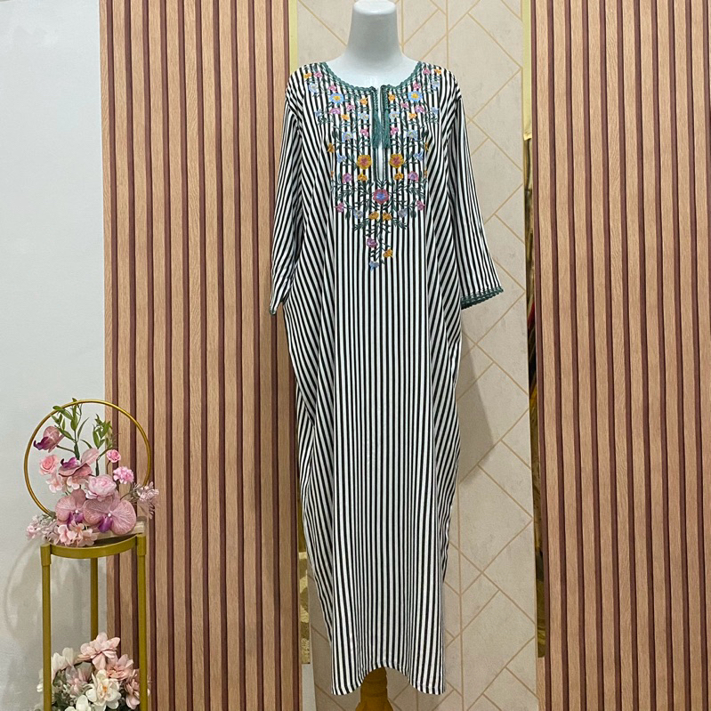 Daster Bordir Motif Salur Rayon Viscose Tangan 3/4