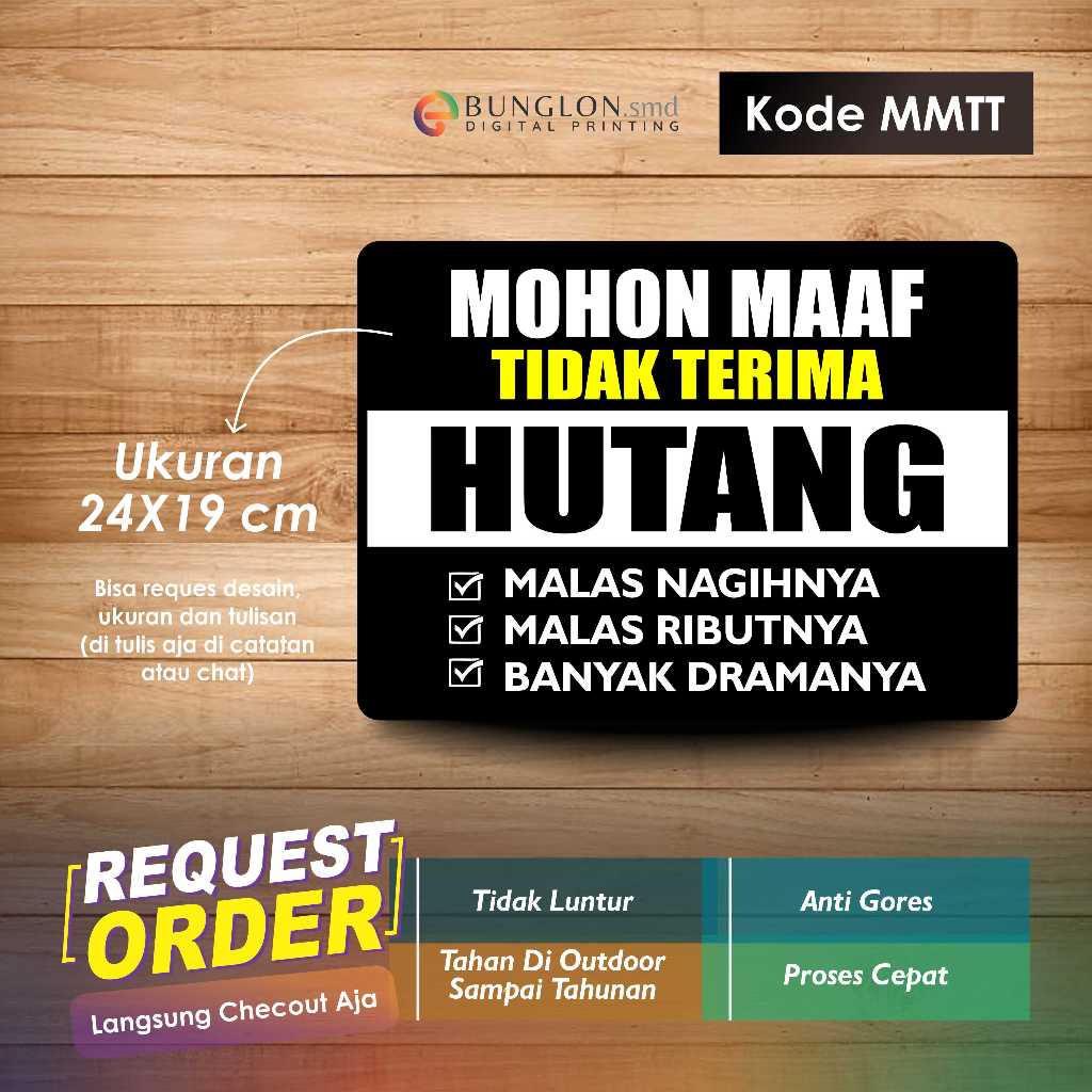 

STIKER MOHON MAAF TIDAK TERIMA HUTANG + LAMINASI KODE MMTT HITAM