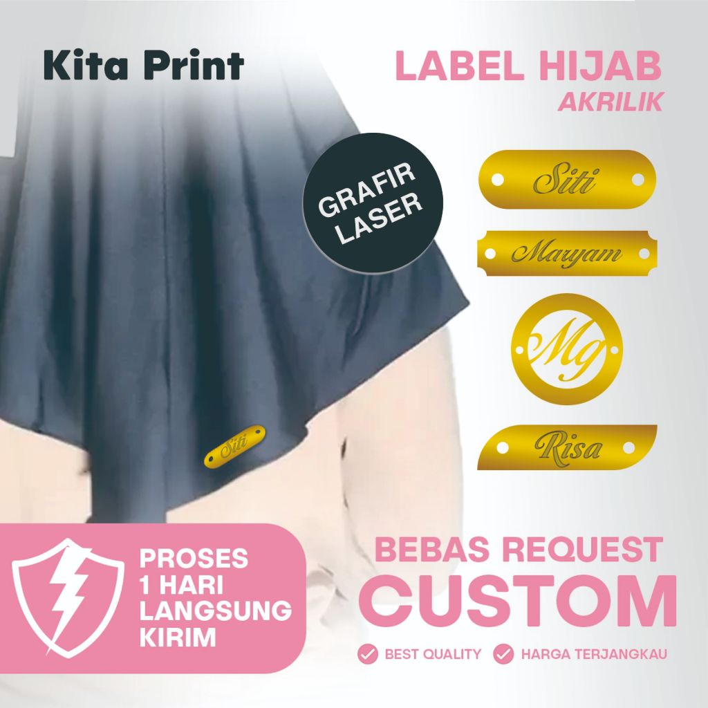 Label Akrilik Custom Hijab Label Jilbab Gold Merk Hijab Branding Aksesoris Hijab Custom