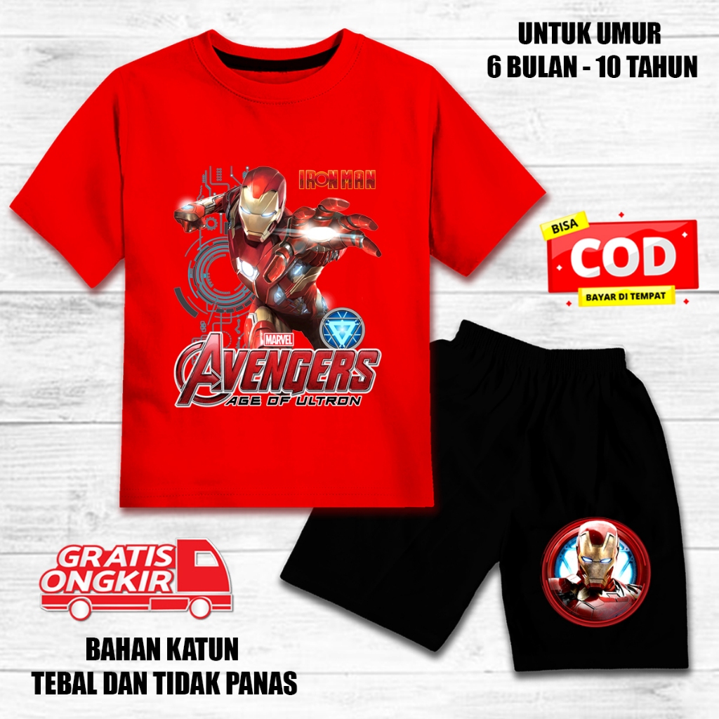 Setelan anak laki laki perempuan lengan pendek set baju kaos anak katun celana hitam iron man 2