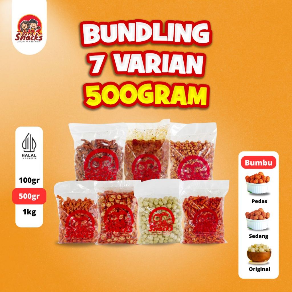 

KANGSNACKS BUNDLING Basreng-Usus Cripsy-Keripik Kaca-Cimol Kering-Pilus Cikur-Mie Gulung-Kerupuk Seblak Pedas Daun Jeruk 3,5Kg Murah Makanan Keripik Cemilan Kripik Jajanan Pedas