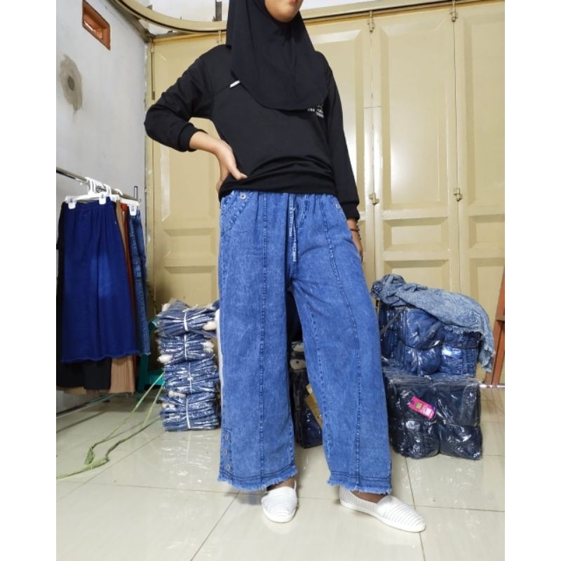 kulot jeans kargo love wanita/celana jeans boyfriend snow jumbo model kulot bawah rawis kancing wani