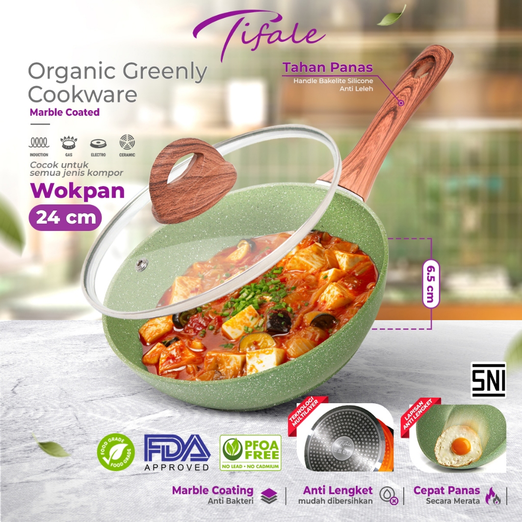 Tifale Organic Greenly Cookware Wokpan 24cm Marble Coated Anti Lengket Handle Bakelite Silicone Anti