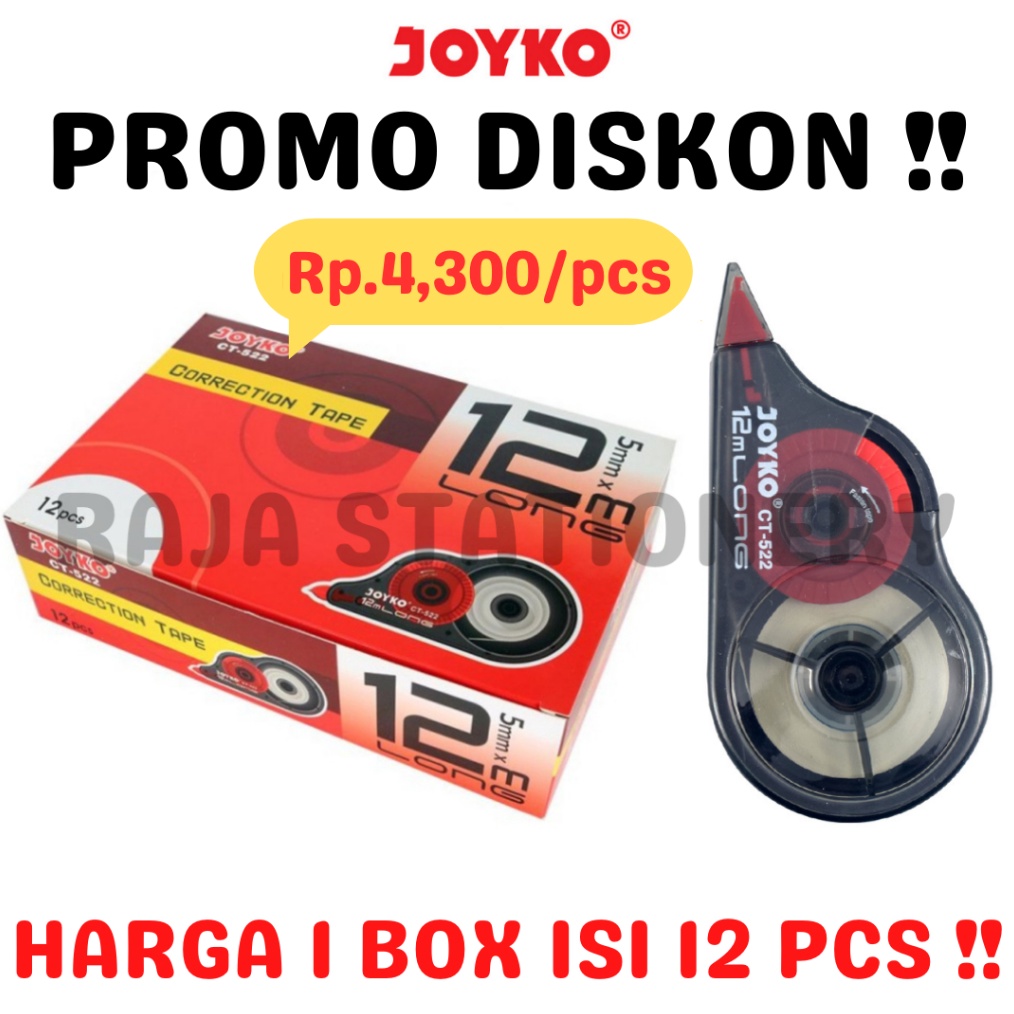 

KODE U13X JOYKO CORRECTION TAPE 12M CT522 TIPEX KERTAS JOYKO TIPX TIP X CT522 1 BOX 12PCS