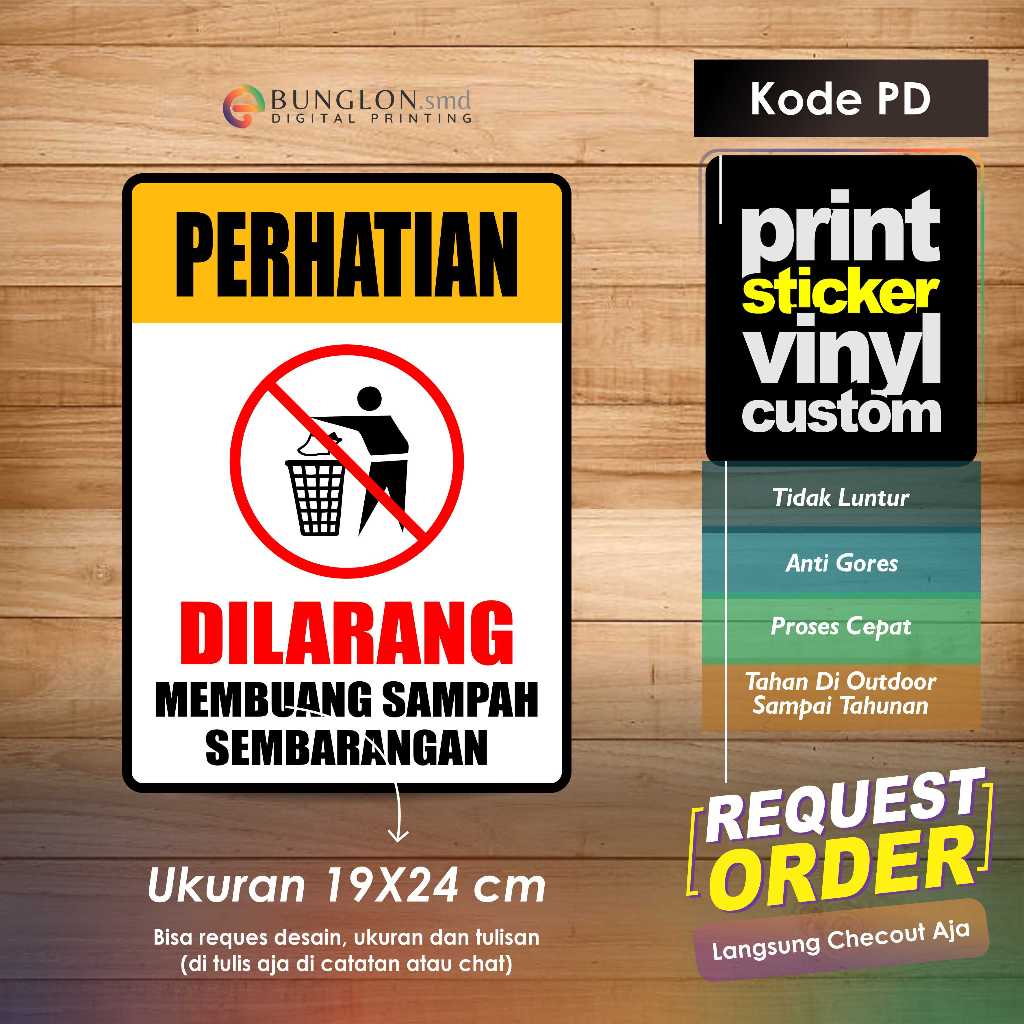 

STIKER PERHATIAN DILARANG MEMBUANG SAMPAH SEMBARANGAN +LAMINASI KODE PD KUNING