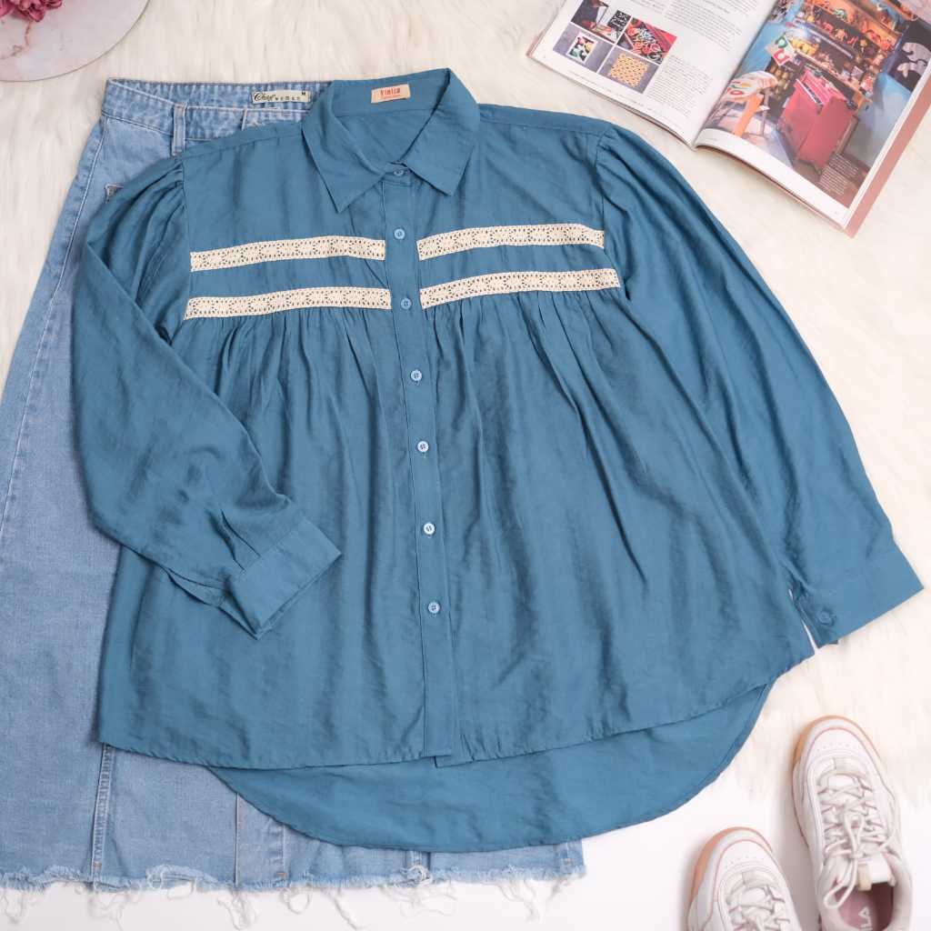 YIUJAN SALE - Kemeja Linen Motif Renda - Kemeja Oversize Wanita - Outer Polos Cewek - Atasan Cewek T