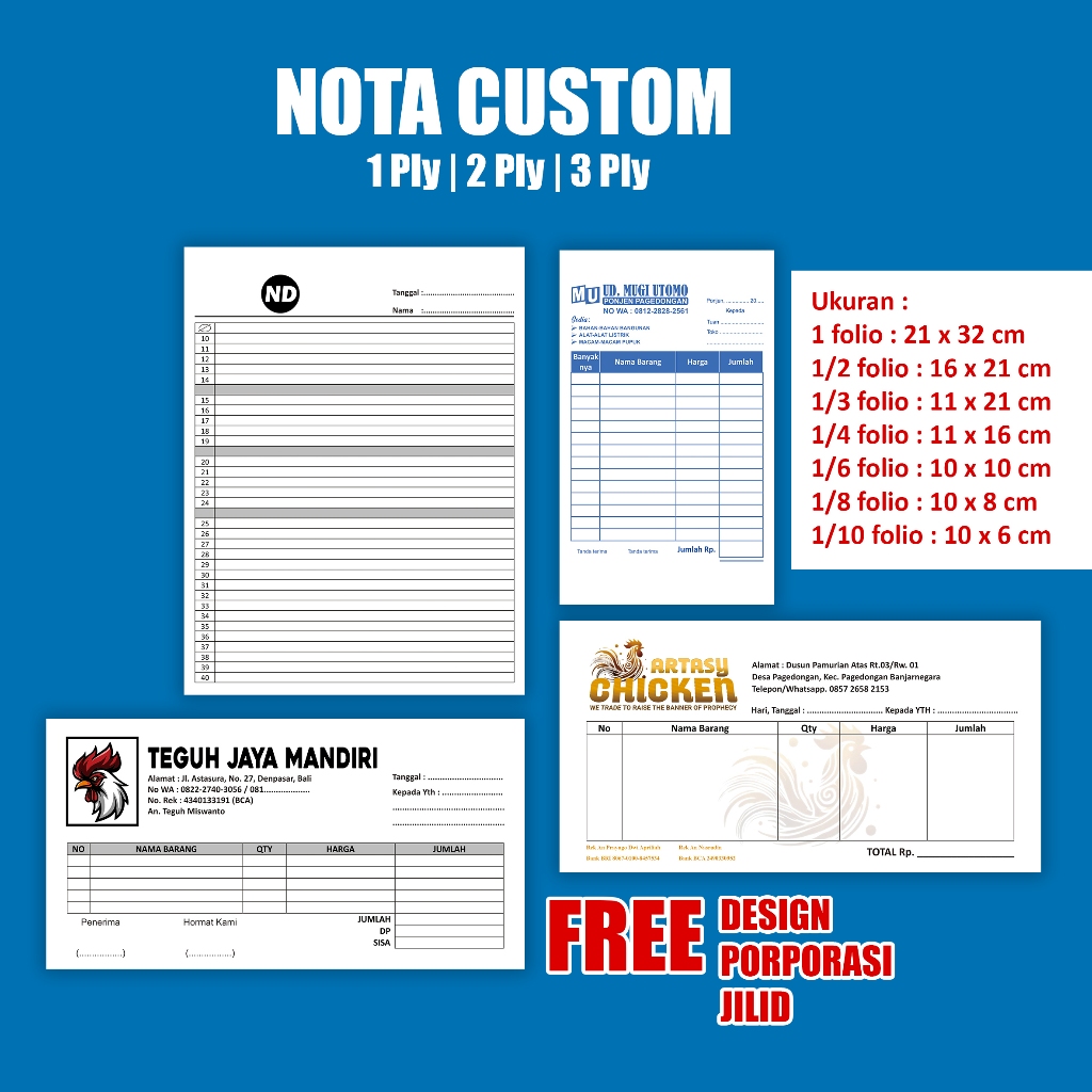 

Nota Custom 1ply, 2ply, 3ply gratis design ukuran bebas FULL COLOR