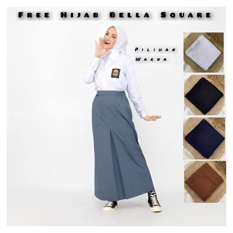 FREE HIJAB BELLA SQUARE Rok SPAN BELAH TENGAH Rempel 1 Depan / Seragam Sekolah / Kerja Putih Hitam A