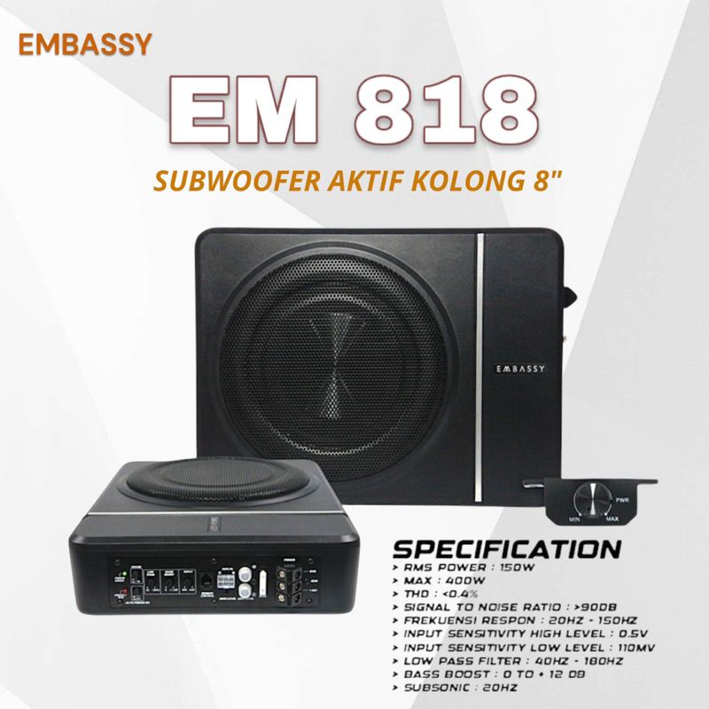 Subwoofer Kolong Embassy EM 818 Subwoofer Aktif Kolong Underseat basskolong Slim Mobil