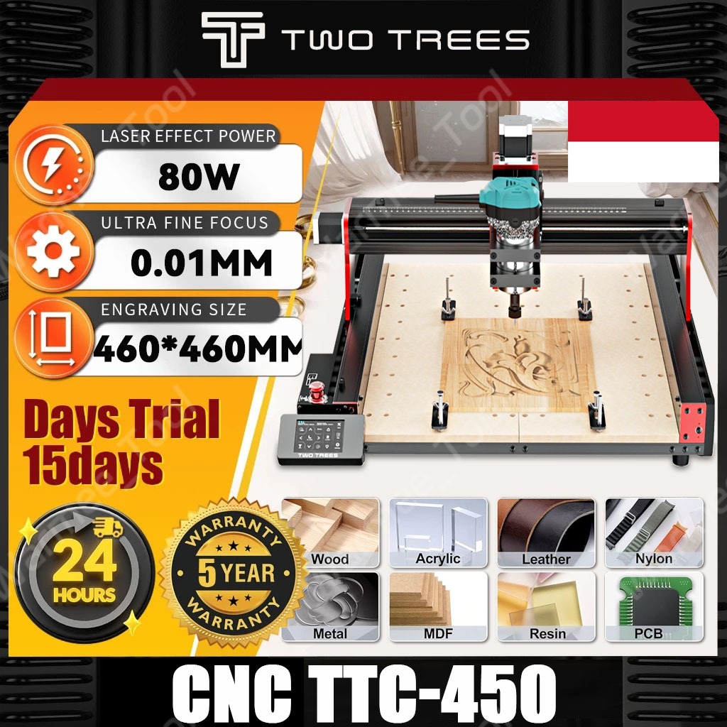 Two Trees CNC TTC-450 Mesin CNC Besar 460*460*80MM CNC Laser Cutting 80W Laser Grafir Plastik, akril