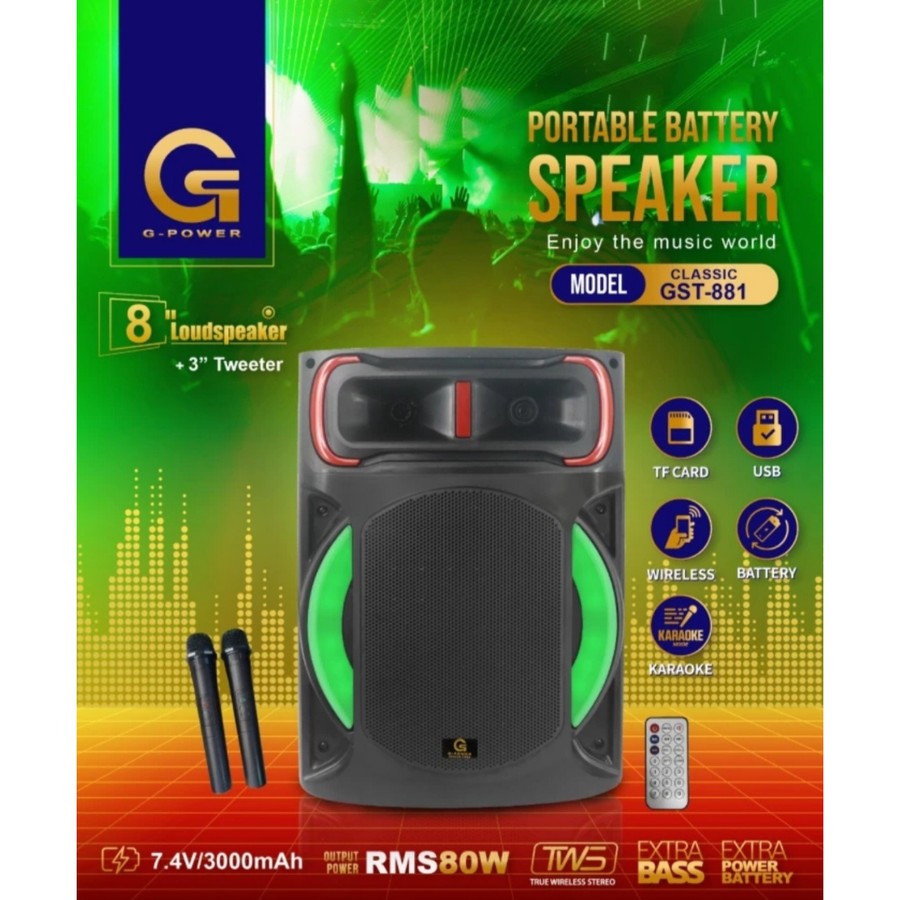 G POWER SPEAKER PORTABLE UKURAN 8" BOX KAYU CLASSIC GST-881 BONUS 2 MIC - CLASSIC GST-881