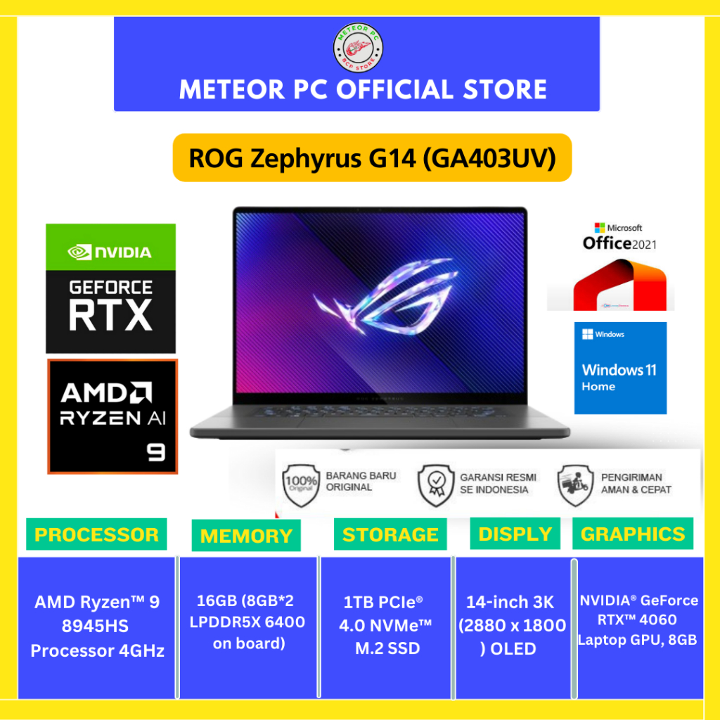 Asus ROG Zephyrus G14 GA403UV-R946OL6G-O /AMD Ryzen 9-8945HS/16GB/1TB SSD/RTX4060 8GB/14″ 3K OLED/Wi