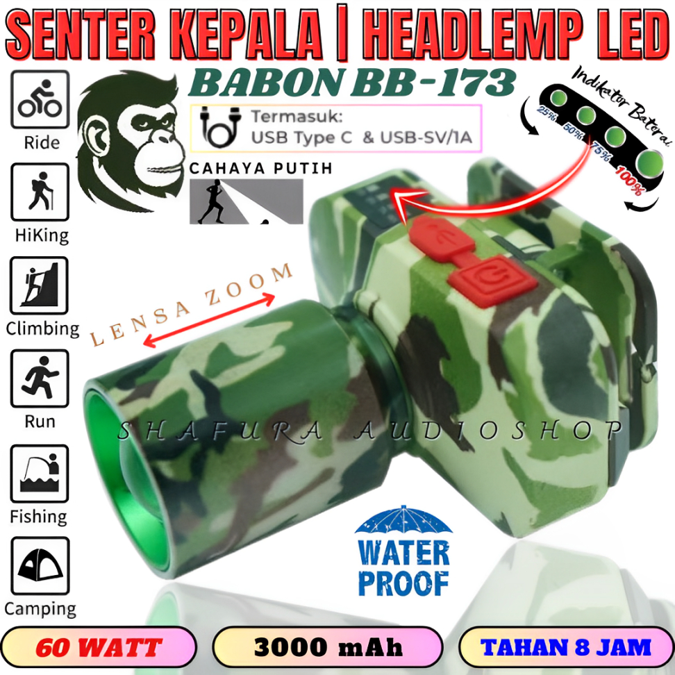 Headlamp/Senter Kepala Zoom 60w Babon Bb-173 Army Series Super Terang Murah Bisa Cod | Terbaru Sente