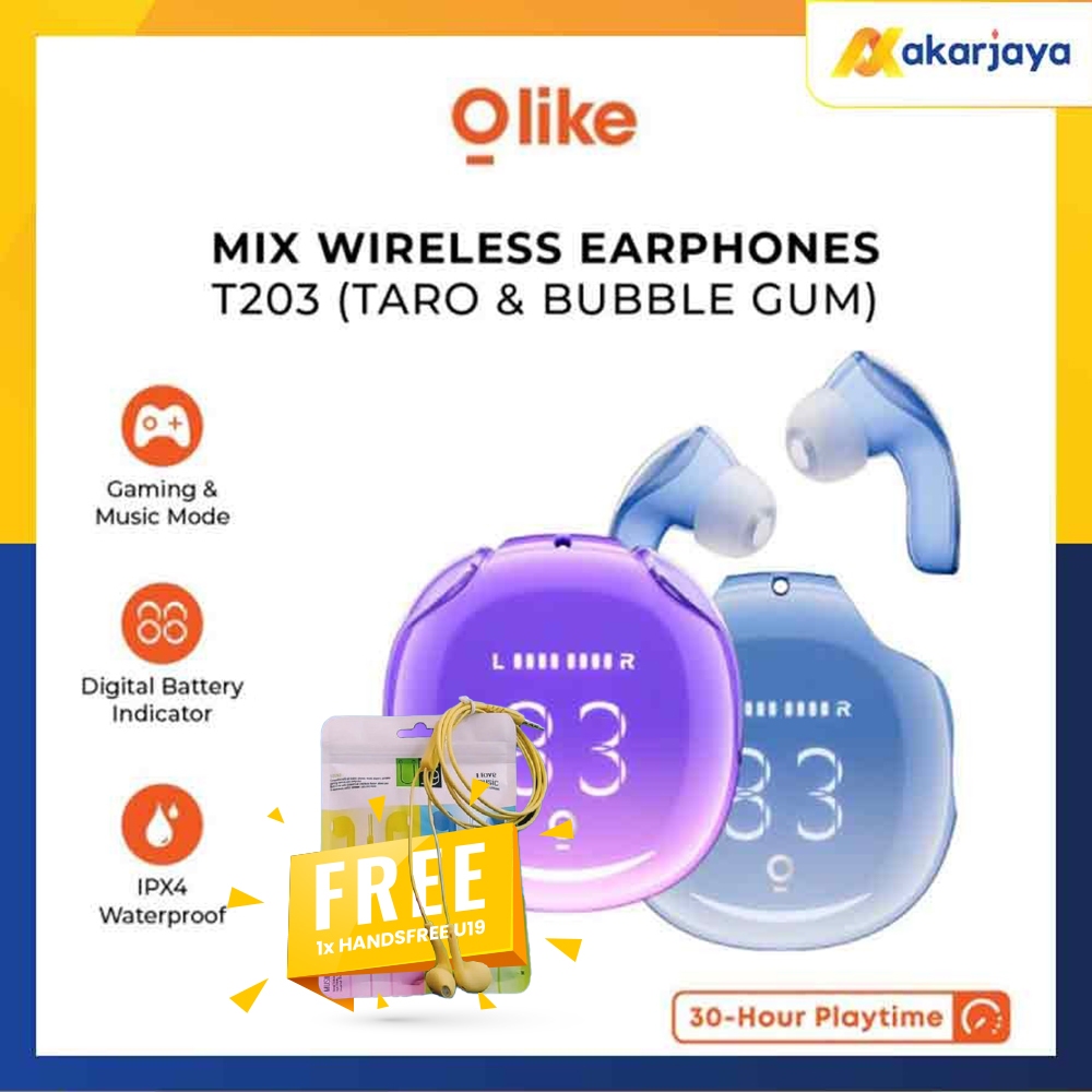 (Free Handsfree U19) Olike T203 Wireless Earphone Gaming Music Headset Bass Bluetooth 5.3 TWS IPX4 W