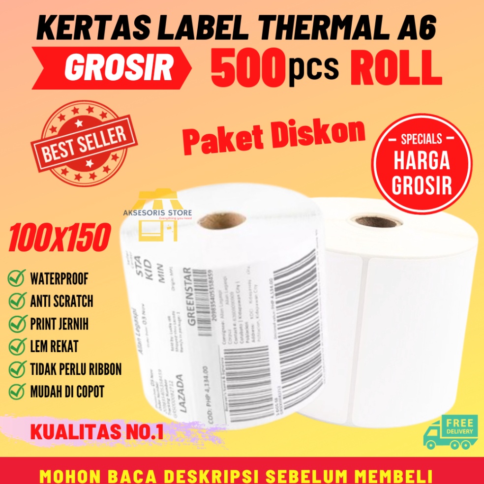 

KODE P76T KERTAS THERMAL LABEL STICKER 1X15 5PCS ROLL UKURAN A6 RESI BARCODE