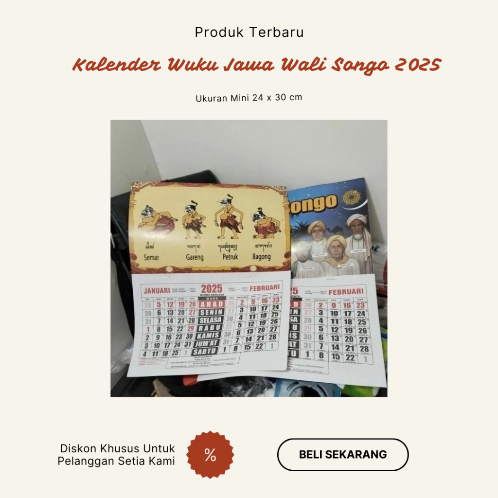 

Kalender Dinding 2025 Terbaru Wuku Jawa Wali Songo Ukuran Mini 24 x 30 Cm