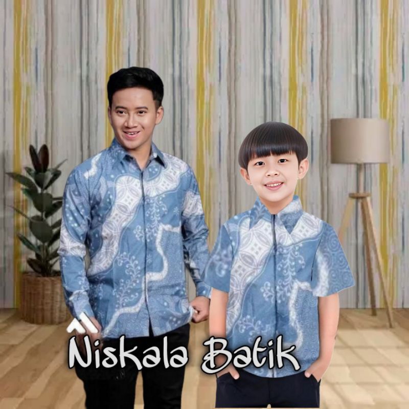 Kemeja Batik Motif Ace Blui Batik Anak Laki-Laki Lengan Panjang Batik Ayah dan Anak Cowok Warna Biru