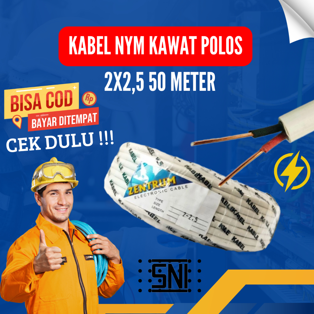 ZENTRUM 1 Roll 50 Meter 2 x 2.5 Kabel Instalasi Listrik Kawat NYM Polos Isi 2 SNI Warna Putih Bahan 