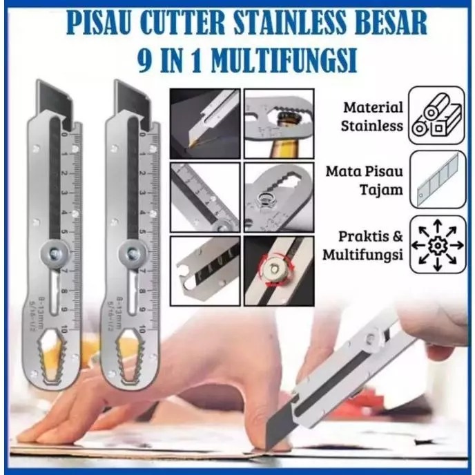 

(COD) pisau Cutter Stainless Besi 9in1 Multifungsi Pembuka Tutup Botol Penggaris Pemotong Kertas Pisau Cutter Anti Karat