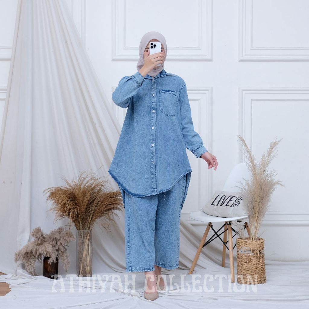 Setelan Tunik Jeans Oversize Ld 100-120 cm / Setelan Tunik Jeans Wanita