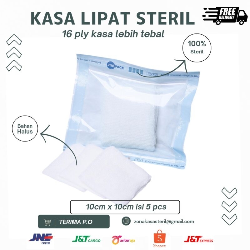 kasa lipat steril 10x10cm isi 5pcs/pouch 16ply kasa lebih TEBAL dari yang beredar daya serap tinggi 