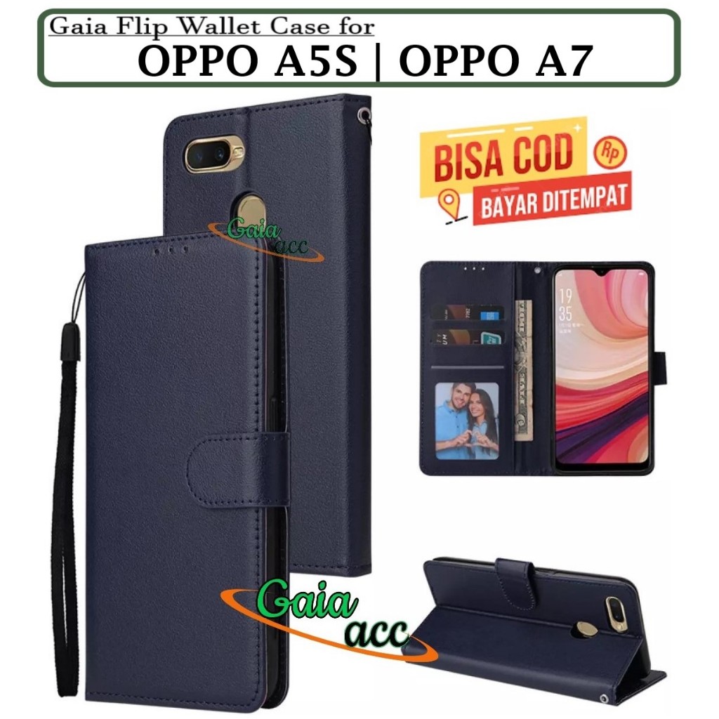 Case untuk OPPO A5s / A7 model flip leather case premium casing dompet