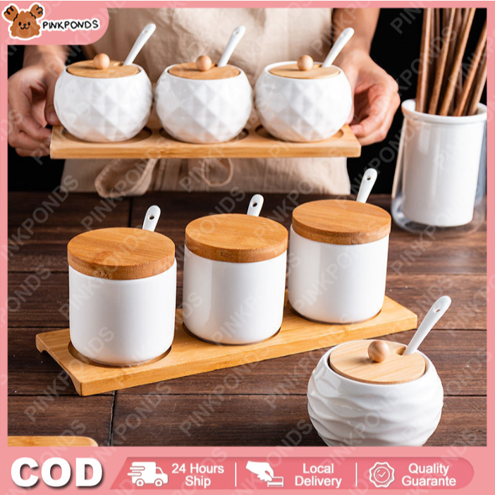 Set Toples Keramik Dapur Set 3 Toples Bumbu Keramik Set 3 Buah Toples Bumbu dan 1 Wadah Kayu