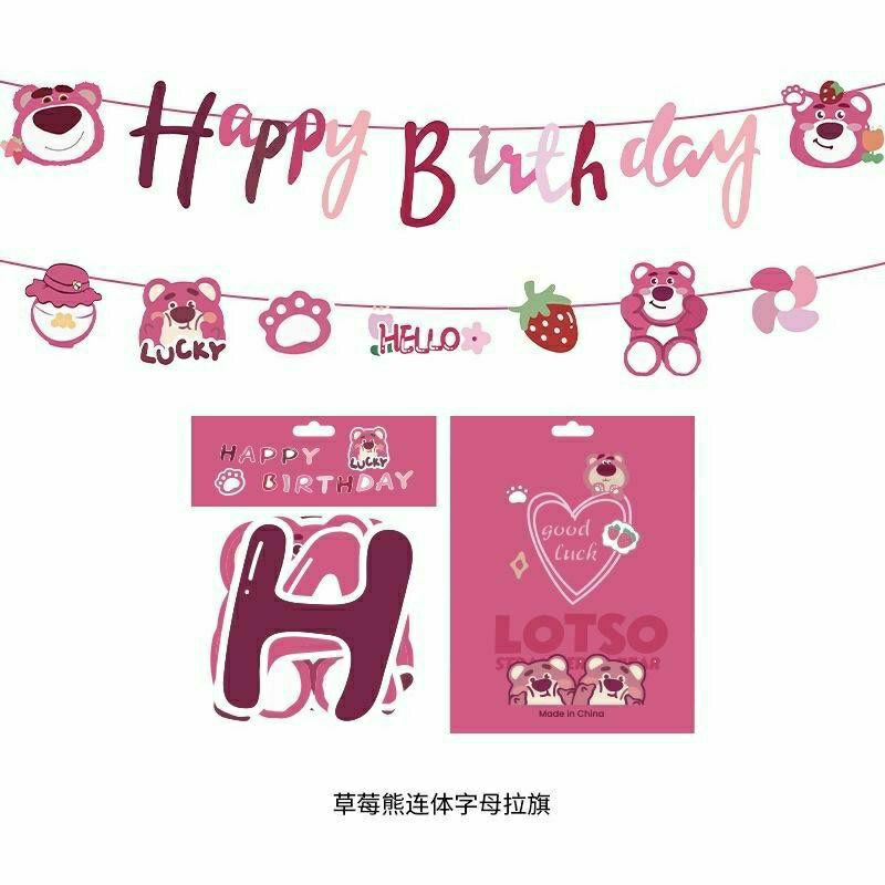 Bunting flag tulisan happy birthday karakter kartun toy story lotso beruang pink teddy pink banner b