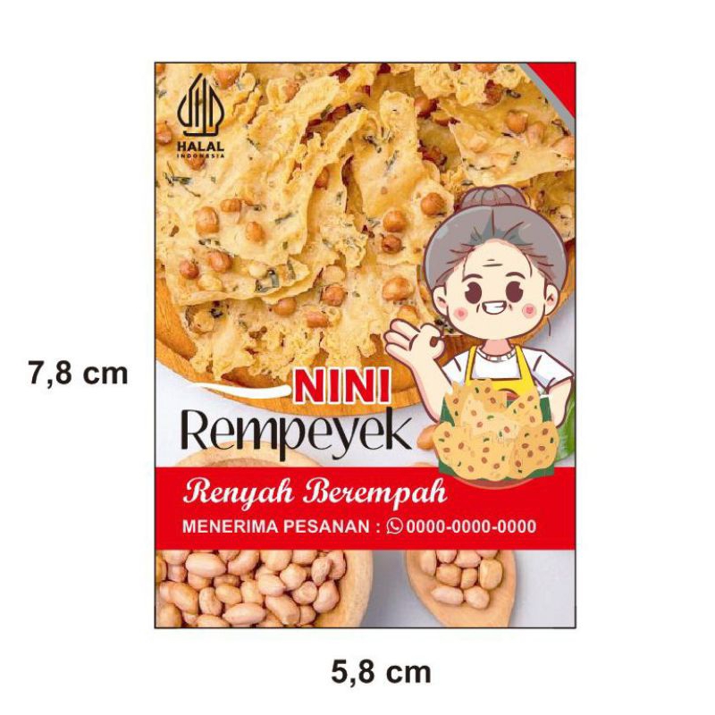 

Stiker keripik Rempeyek peyek dll isi 32 lembar ukuran 5,8 x 7,8 cm