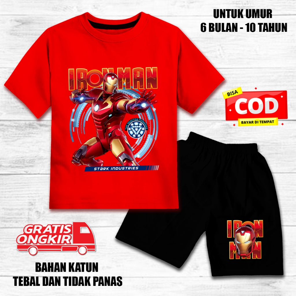 Setelan anak laki laki perempuan lengan pendek set baju kaos anak katun celana hitam iron man 1